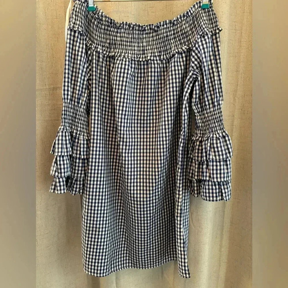 Style House Mini Dress Size M. Off the Shoulder Dress. Navy and White Checkered - Picture 3 of 5